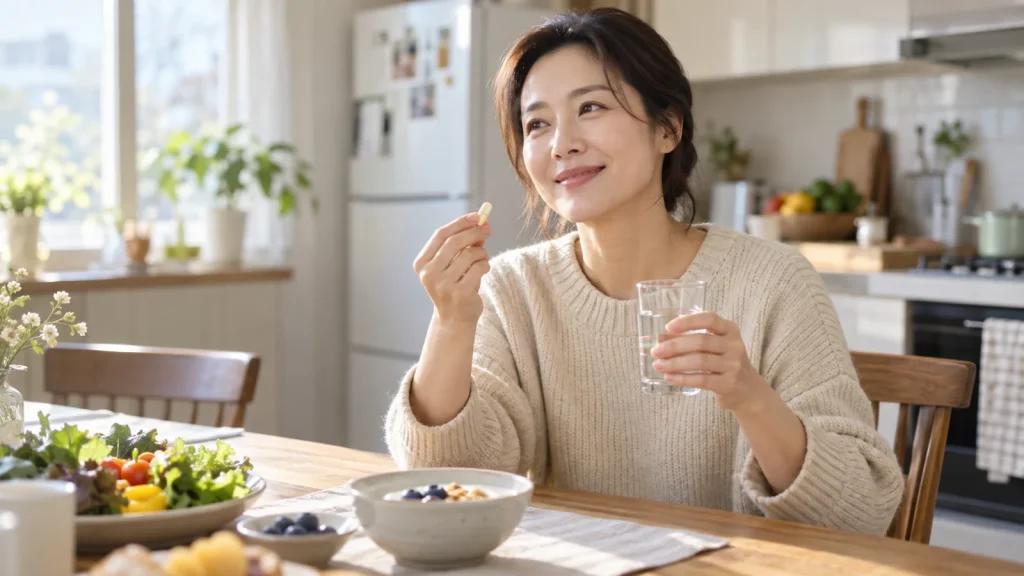 아침 식탁에서 물과 함께 낙산균 보충제를 챙기는 모습